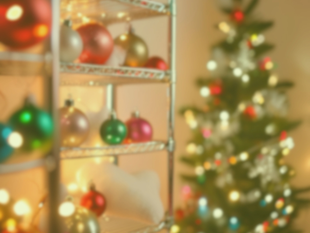 Wire Shelving in room decorated with Christmas tree. Bulbs and ornaments sit on the wire shelves.